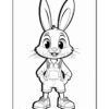 A cheerful cartoon rabbit standing with hands on hips, wearing overalls and sneakers, in a coloring page style.
