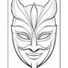 A detailed black and white mask design featuring pointed horns, ornate patterns, and an expressive smile.