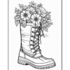 A detailed illustration of a lace-up boot filled with various flowers, including daisies and other blooms.