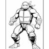 A muscular cartoon turtle wearing a bandana and protective gear, posing confidently with his fists clenched.