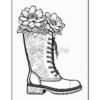 A detailed, black and white illustration of a lace-up boot adorned with large flowers and floral designs.