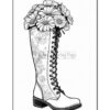 A tall boot decorated with floral designs, filled with colorful flowers on top, set against a plain background.