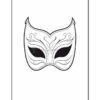 A decorative mask with intricate swirls and sharp edges, suitable for coloring.