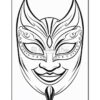 A detailed line art illustration of a stylized mask with intricate patterns and embellishments.