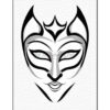 A stylized mask design featuring sharp features, horns, and symmetrical patterns, suitable for coloring.