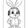 A cartoon rabbit wearing headphones, a jacket, and sneakers, with big ears and a cheerful expression.