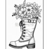 A decorated boot filled with colorful flowers, featuring a lace-up design and a textured appearance.