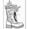 A black-and-white coloring page featuring a stylish combat boot filled with various flowers and foliage.