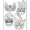 Four ornate masquerade masks featuring elegant designs and feathers, suitable for coloring.