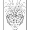 A detailed masquerade mask with ornate designs and long feathers protruding from the top.