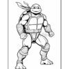 Michelangelo, a turtle in a martial arts pose, wearing orange bandana and armor, ready for action.