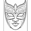 A decorative mask featuring intricate designs and a smiling face, suitable for coloring.