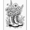 A pair of laced boots filled with an assortment of flowers and greenery, set against a plain background.