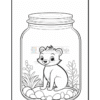 A cute cartoonish animal inside a jar, surrounded by plants and pebbles, ready for coloring.