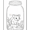 A cute mouse sitting inside a jar filled with pebbles and plants, outlined for coloring.