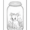 A cartoon fox sitting inside a jar surrounded by pebbles and green plants.