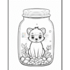 A cute kitten sitting in a jar surrounded by pebbles and small plants, designed for coloring.