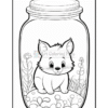 A cute cartoon fox sitting inside a glass jar filled with pebbles and flowers, outlined for coloring.
