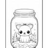 A cute cartoon kitten inside a jar filled with pebbles and plants.