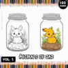 A coloring book cover titled 'Animals in Jar Vol. 3', featuring illustrations of two cartoon animals inside jars. On the left is a black and white drawing of a rabbit, and on the right, a colored drawing of a yellow deer among greenery, with a decorative border of colored pencils.