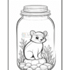 A cute cartoon animal sitting among pebbles and plants inside a glass jar.