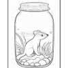 A simple line drawing of a mouse sitting inside a jar, surrounded by pebbles and tall grass.