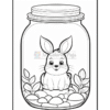 A cute rabbit sitting inside a jar surrounded by pebbles and small leaves.