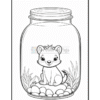 A cute cartoon fox sitting on pebbles inside a glass jar, surrounded by grass and plants.