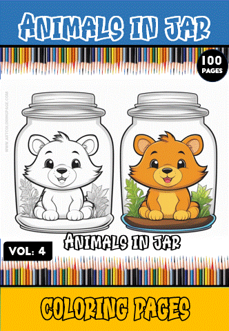 A cover design featuring two cartoon animals in jars: a white, fluffy animal on the left and a brown, smiling lion on the right, surrounded by plants. The title 'Animals in Jar' is prominently displayed at the top, along with the text 'Vol. 4' and 'Coloring Pages' at the bottom, against a colorful pencil background.