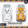 A cover for a coloring book titled 'Animals in Jar,' featuring a cartoon white animal in a jar on the left and a cartoon orange animal in a jar on the right, against a colorful background with colored pencil graphics. The text includes '100 PAGES' and 'VOL. 5.'
