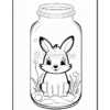 A cute cartoon rabbit sitting inside a jar, surrounded by grass and flowers, in a coloring page style.