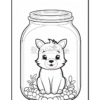 A cute cartoon fox sitting inside a glass jar filled with pebbles and greenery.