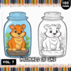 A cover for a coloring book titled 'Animals in Jar' featuring two cartoon-style animals inside jars: a colorful, smiling lion cub in a blue jar and a white bear cub in a clear jar, with 'Vol. 7' and '100 Pages' prominently displayed at the top and a colorful background of pencils at the bottom.
