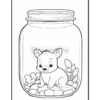A cute cartoon-style bear cub sitting inside a glass jar surrounded by pebbles and leaves.