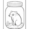 A cute bear sitting inside a glass jar, surrounded by rocks and plants at the bottom.