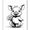 A cheerful piglet holding a flower, with a big smile and a bow in its hair, set against a simple background.