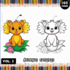 A coloring book cover featuring two cartoon animals: a cheerful orange and yellow lion sitting among colorful flowers on the left, and a friendly white rabbit with large ears surrounded by flowers on the right. The title reads 'Animals Flowers' with 'Vol. 2' and 'Coloring Pages' clearly displayed, alongside a border of colored pencils at the top.