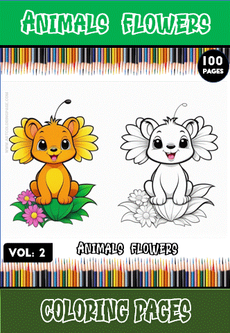 A coloring book cover featuring two cartoon animals: a cheerful orange and yellow lion sitting among colorful flowers on the left, and a friendly white rabbit with large ears surrounded by flowers on the right. The title reads 'Animals Flowers' with 'Vol. 2' and 'Coloring Pages' clearly displayed, alongside a border of colored pencils at the top.