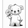 A cute bear cub holding a flower, with a friendly expression, suitable for coloring.