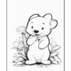 A cute cartoon bear character standing among flowers, looking cheerful with a friendly expression.