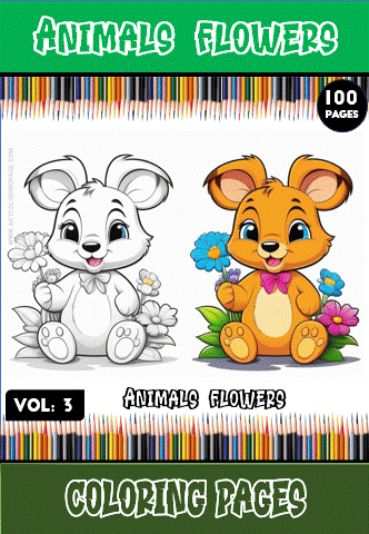 A colorful cover for a coloring book titled 'Animals Flowers', featuring a cute, cartoonish white rabbit and an orange bunny, both with flowers, surrounded by colorful pencils and the text 'Vol. 3' and '100 Pages'.