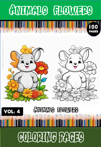 A colorful cover for a coloring book featuring a cartoon mouse surrounded by flowers, with one side fully colored and the other in black and white. The title 'Animals Flowers Coloring Pages Vol. 4' is prominently displayed, along with a note indicating '100 Pages'.