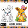 A colorful cover for a coloring book titled 'Animals Flowers' featuring two cartoon animals: a white rabbit with a flower on its head and an orange bunny with a pink flower, surrounded by flowers. The design is framed by colored pencils at the bottom.
