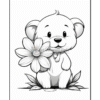 A cute bear holding a large flower, surrounded by grass and leaves, in a black and white coloring page design.