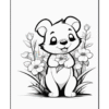 A cute cartoon puppy standing among flowers, smiling while holding a leaf in its paws.