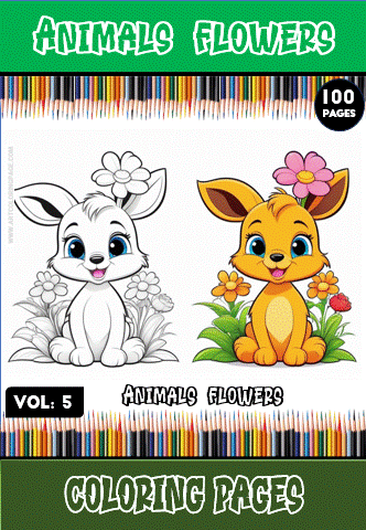 A colorful cover for a coloring book titled 'Animals Flowers' featuring two cartoon animals: a white rabbit with a flower on its head and an orange bunny with a pink flower, surrounded by flowers. The design is framed by colored pencils at the bottom.
