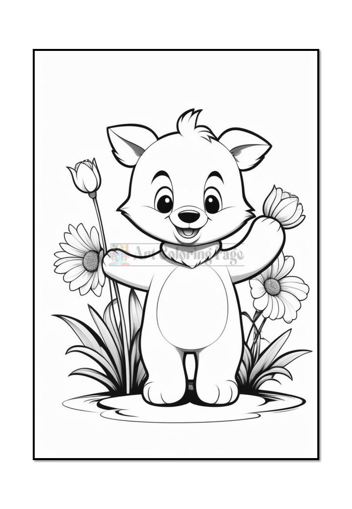 A cheerful cartoon animal character with a bowtie stands amidst flowers, smiling and spreading its arms.