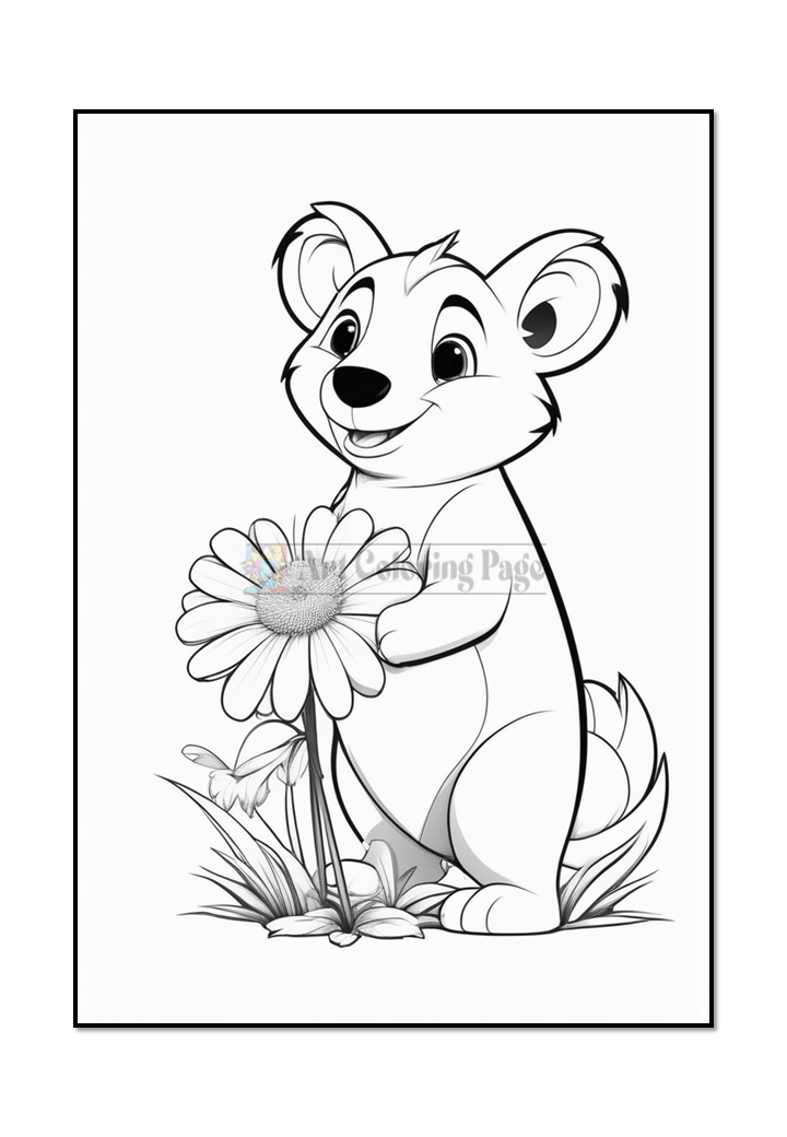 A cheerful bear character holding a large flower, standing in a grassy area.