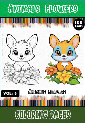 A colorful cover for a coloring book titled 'Animals Flowers' featuring two cartoon animals among flowers. The left side shows a cute rabbit with large ears, while the right side depicts a playful fox with distinctive ears. The top reads 'Animals Flowers' in bold letters, with 'Vol. 6' and '100 PAGES' highlighted, framed by colored pencil designs at the bottom.