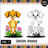 Cover of a coloring book titled 'Animals Flowers' with a bright green background, featuring a cartoon dog in two styles: one colored orange holding a blue flower and the other in black and white. Below them are flowers and grass, with a border of colored pencils around the edges and the volume and page information at the top and bottom.